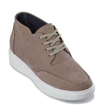Elevator shoes height increase CALTO - J1770 - 3.2 Inches Taller (Khaki) - Casual Chunky Sole Boots – Soft Pebble Grain Nubuck Leather