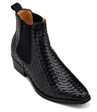 Elevator shoes height increase CALTO - K30521 - 3.3 Inches Taller (Black) - Woven Slip-On High-Top Chelsea Ankle Boots