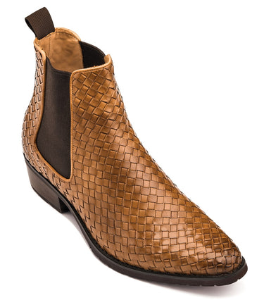Elevator shoes height increase CALTO - K30522 - 3.3 Inches Taller (Brown) - Woven Chelsea High-Top Slip-On Ankle Boots