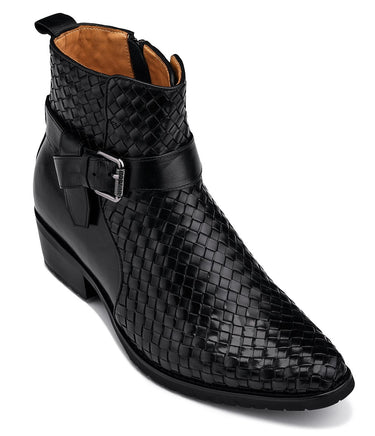 Elevator shoes height increase CALTO - K30523 - 3.3 Inches Taller (Black) - Woven High-Top Ankle Buckle Zipper Boots