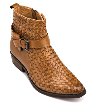 Elevator shoes height increase CALTO - K30524 - 3.3 Inches Taller (Light Brown) - Woven Buckle High-Top Ankle Zip-Up Boots