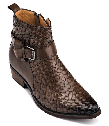 Elevator shoes height increase CALTO - K30525 - 3.3 Inches Taller (Coffee Brown) - Woven High-Top Buckle Zipper Ankle Boots
