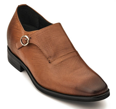 Elevator shoes height increase CALTO - Y1181 - 3.2 Inches Taller (Sand Brown) - Lightweight Monk Strap Slip-On Dress Shoes