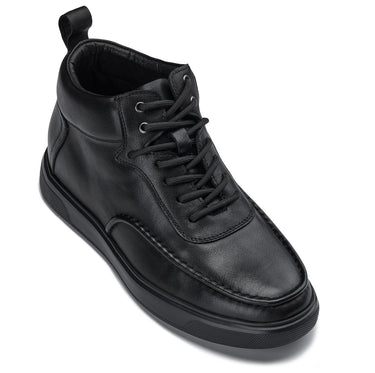 Elevator shoes height increase CALTO - Y7112 - 2.8 Inches Taller (Black) - Nappa Leather Moc-Toe Sneak-Boots