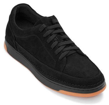 Elevator shoes height increase CALTO - Y7933 - 2.6 Inches Taller (Noir Suede/Black & Gum Sole) - Elevated Suede Sneakers