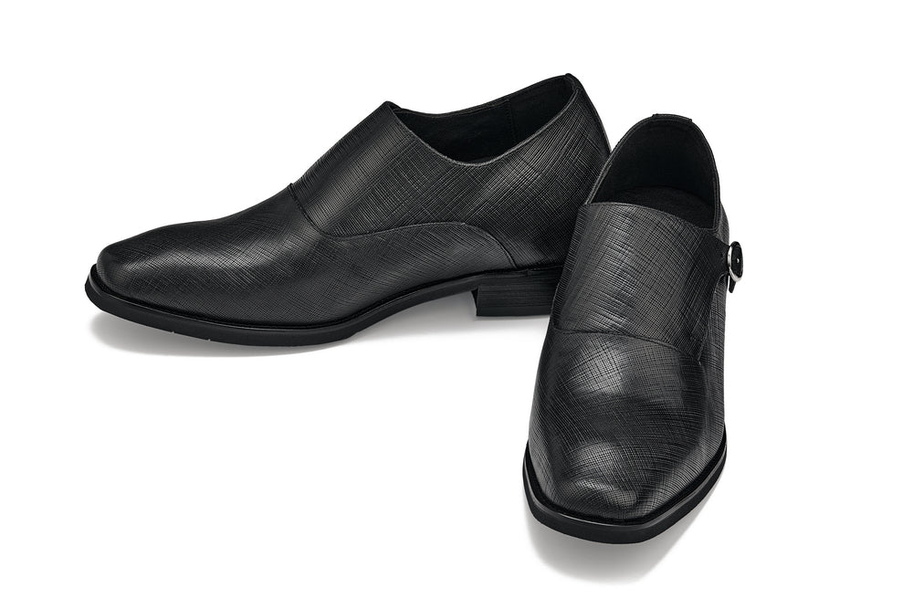 CALTO - Y1180 - 3.2 Inches Taller (Black) - Lightweight Monk Strap Slip-On Dress Shoes