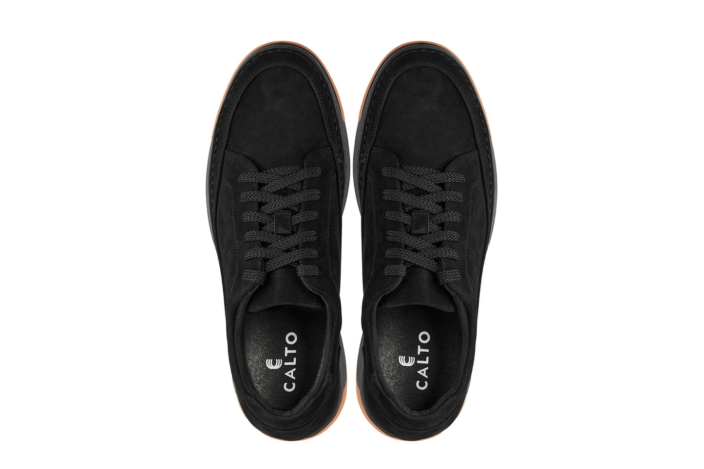 CALTO - Y7933 - 2.6 Inches Taller (Noir Suede/Black & Gum Sole) - Elevated Suede Sneakers