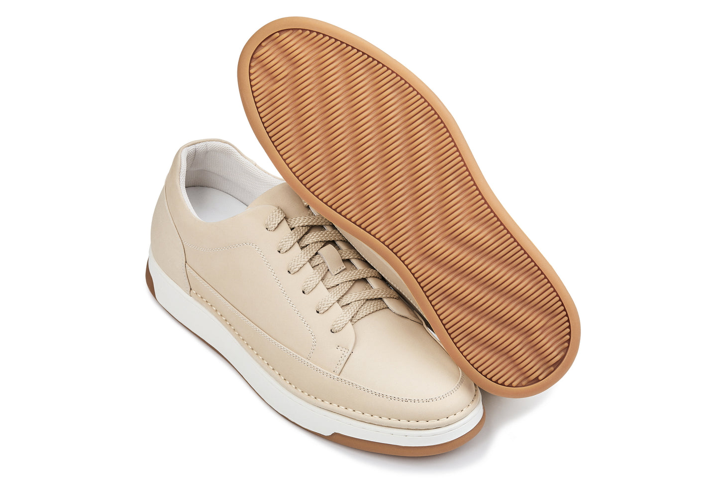 CALTO - Y7934 - 2.6 Inches Taller (Ivoorwit Suède/Witte & Gum Zool) - Verhoogde Leren Sneakers